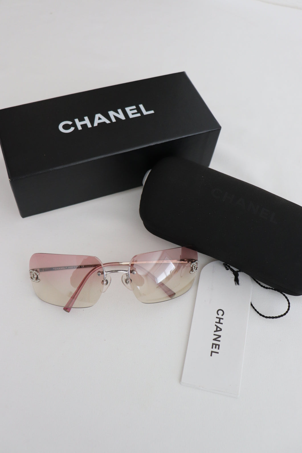 Y2K Chanel Rhinestone Ombre Pink Tinted Silver Sunglasses